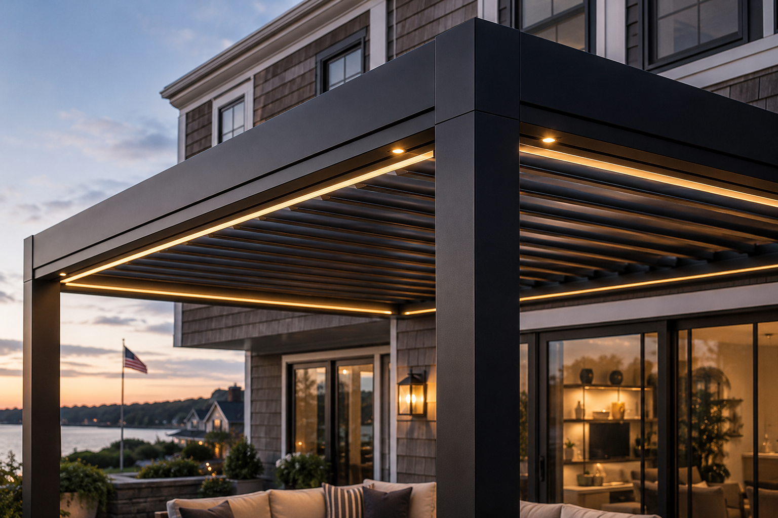Black aluminum louvered pergola with integrated LED lighting attached to a shingled waterfront home at dusk