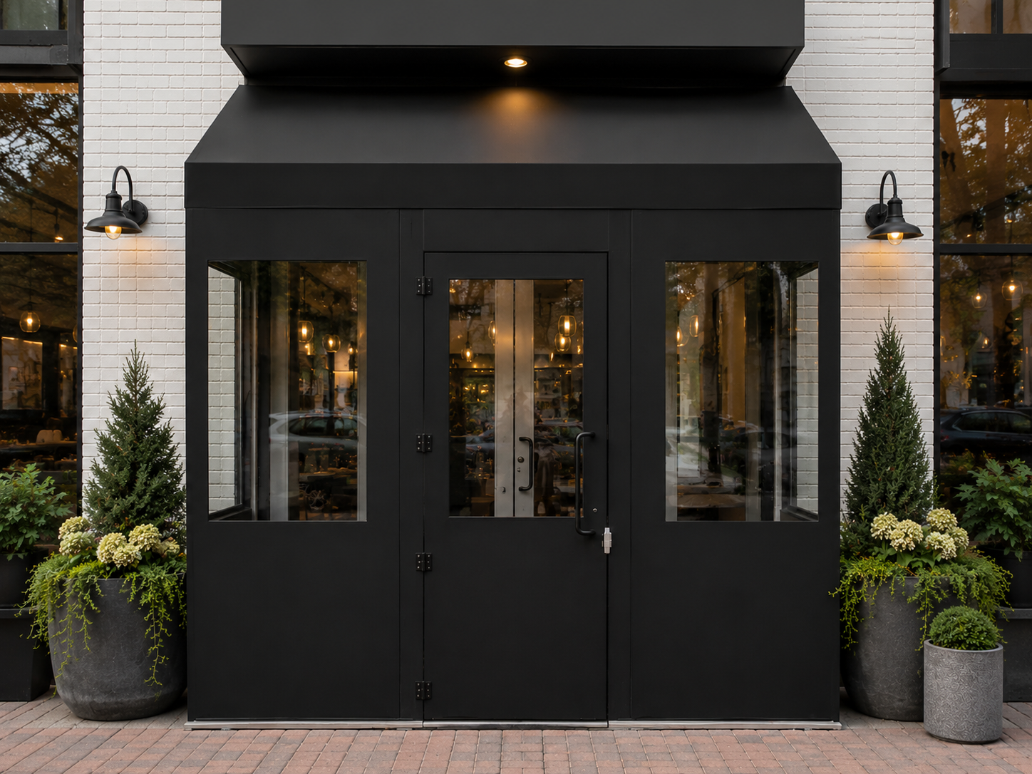 Black framed glass entry vestibule with lit canopy at a white brick storefront