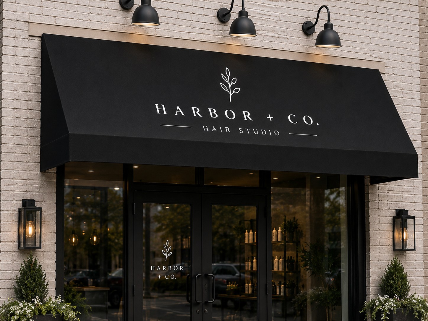 Black storefront awning with white logo and lettering on a white brick salon facade