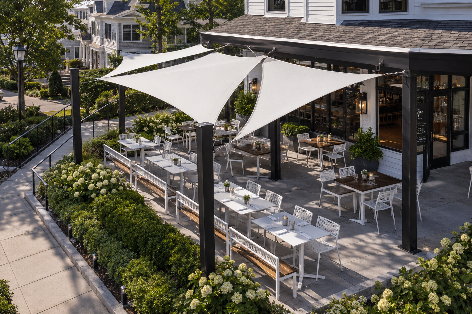 White tensioned shade sails over a restaurant patio with white tables and chairs