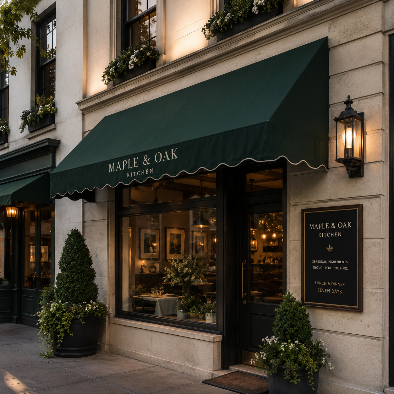 Deep green scalloped fabric storefront awning with cream lettering over a restaurant entrance at dusk