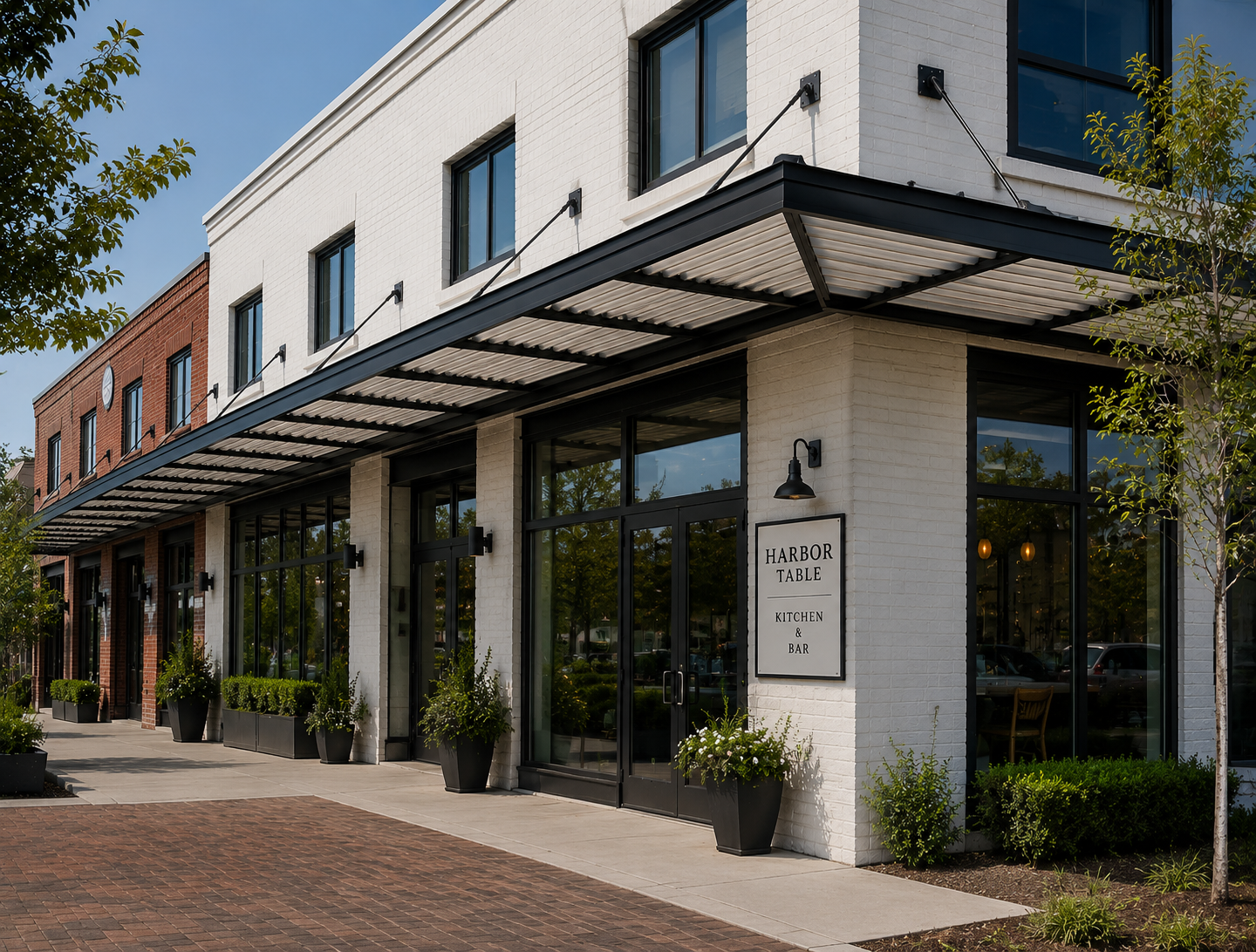 Black architectural aluminum canopy with rod supports running along a white brick restaurant storefront and walkway