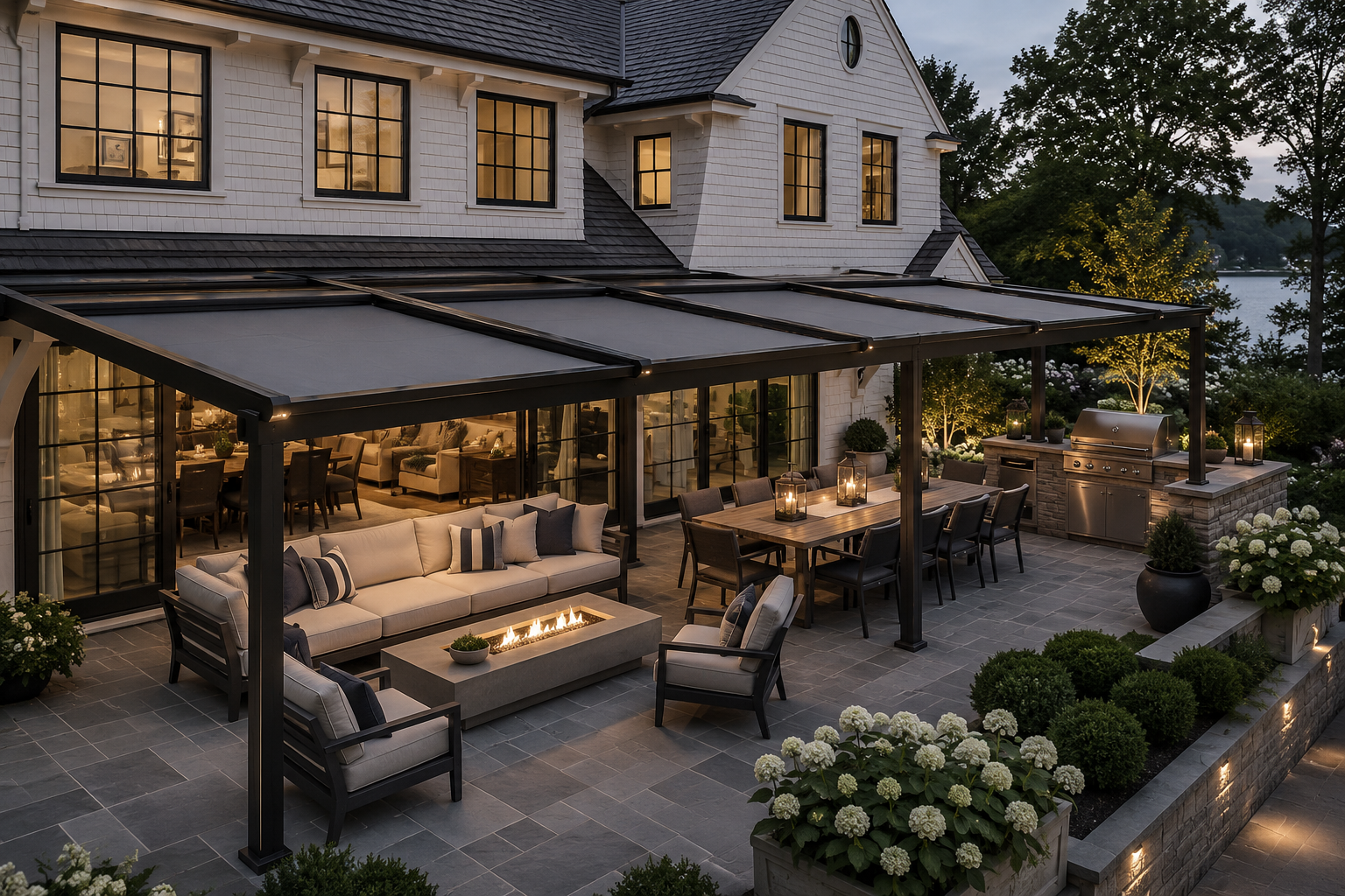 Track-guided retractable roof panels over an illuminated waterfront patio with fire table and outdoor kitchen