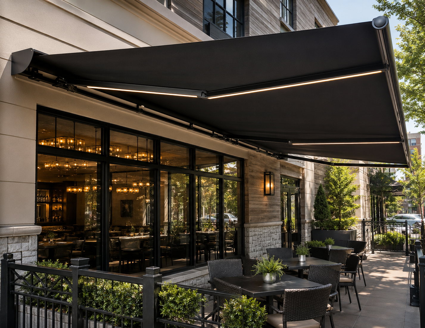 Black wide-span retractable awning with integrated lighting shading a restaurant sidewalk patio