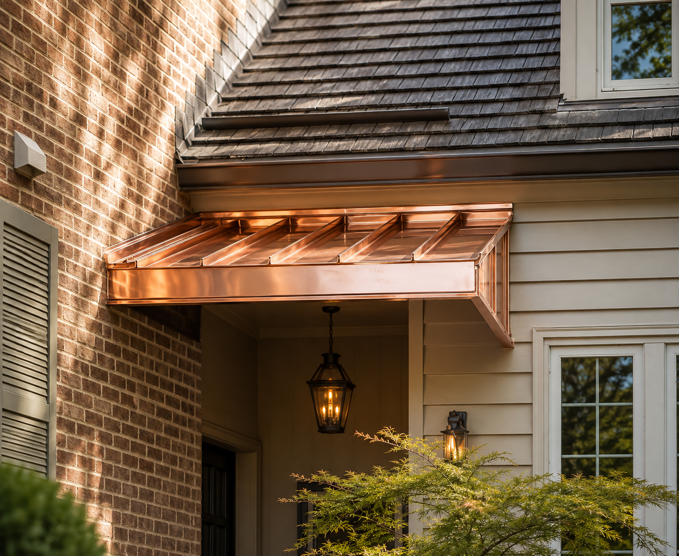 Copper standing-seam awning with lantern over an entry door on a brick and clapboard home