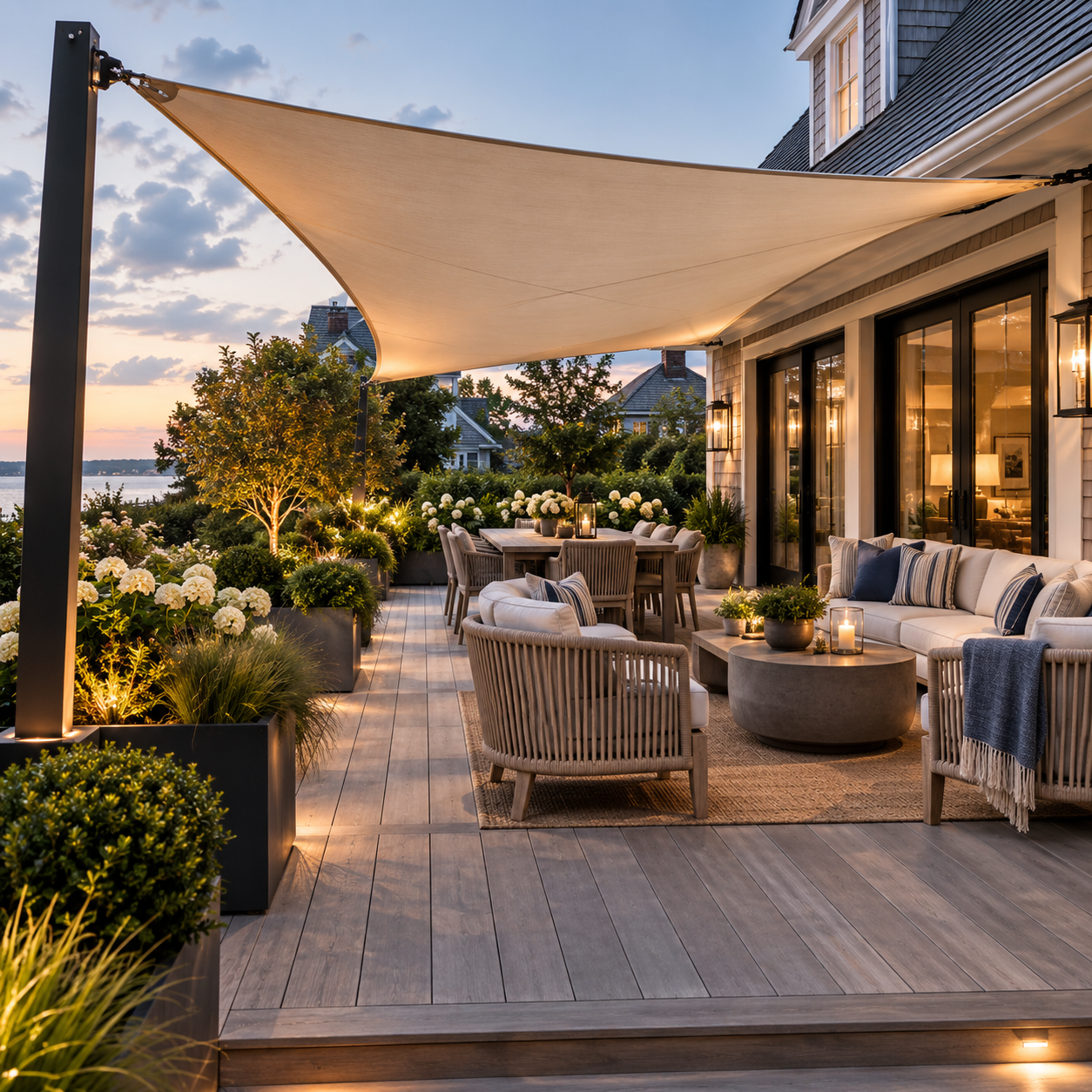 Cream tensioned shade sail over a waterfront deck with lounge and dining furniture at dusk