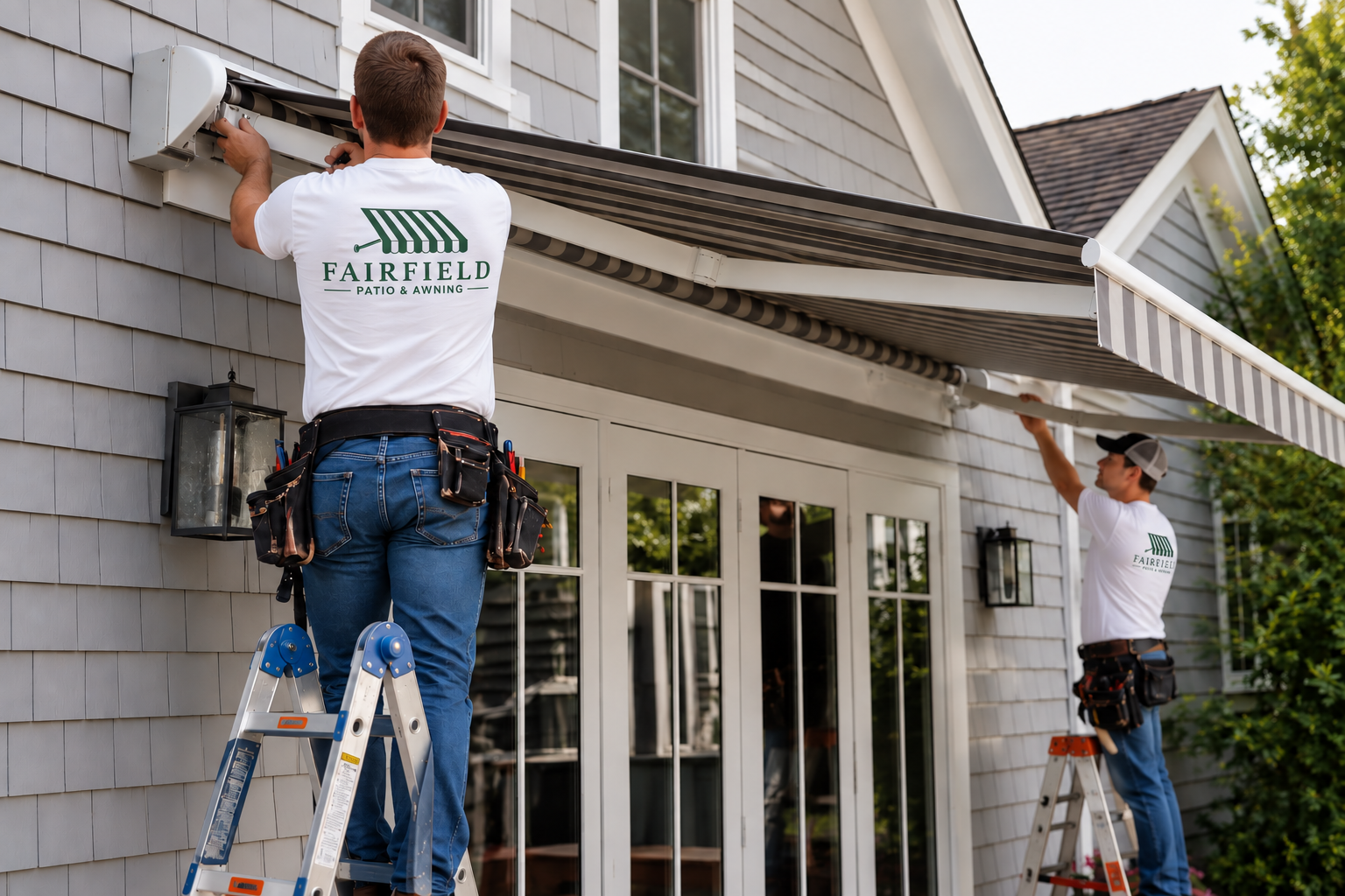 Fairfield Patio & Awning installers servicing a retractable awning on a shingled home