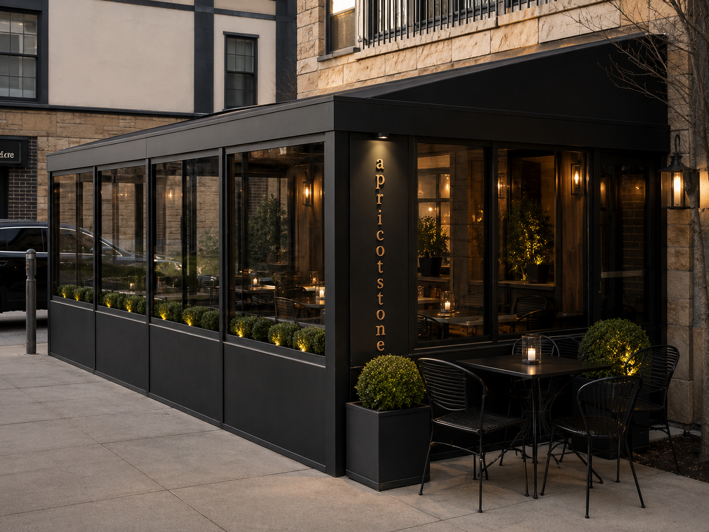 Black framed glass seasonal dining enclosure along a restaurant sidewalk at dusk