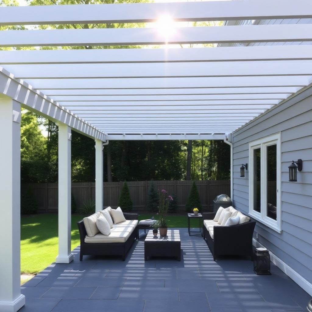Aluminum louvered pergola over a bluestone patio with lounge furniture
