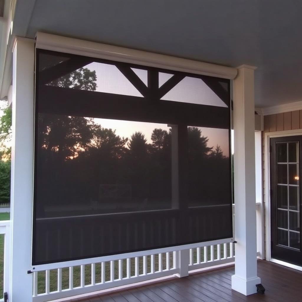 Motorized retractable insect screen lowered across a covered porch