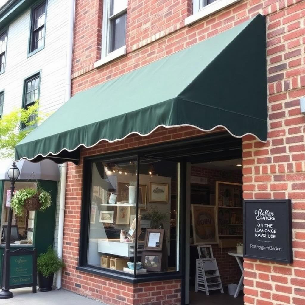 Dark green fabric storefront awning over a boutique shop entrance