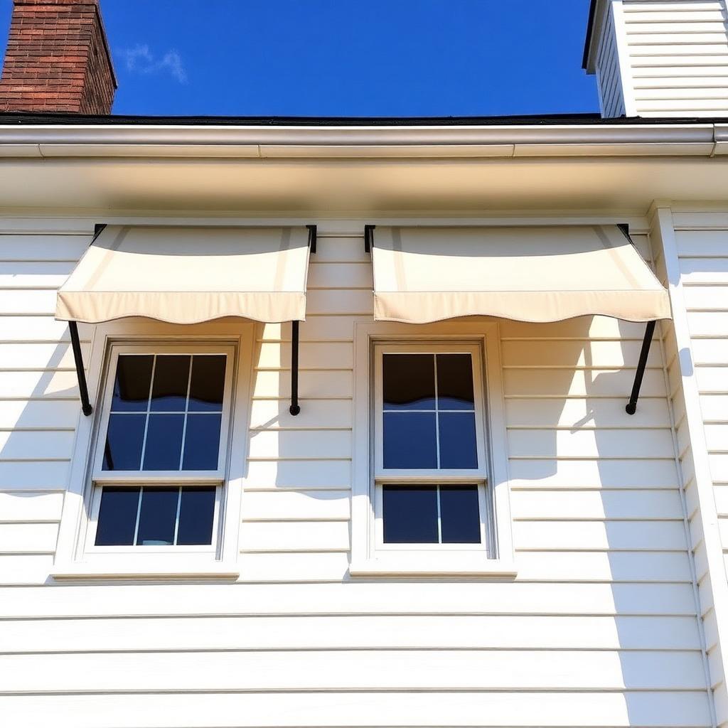 Cream drop-arm window awnings on a white clapboard colonial home
